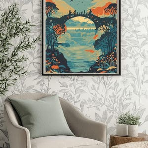 May include: A vintage-style poster featuring a colorful illustration of a bridge in a forest setting. The poster has the text "The Lord of the Rings" and "J.R.R. Tolkien" printed on it.
