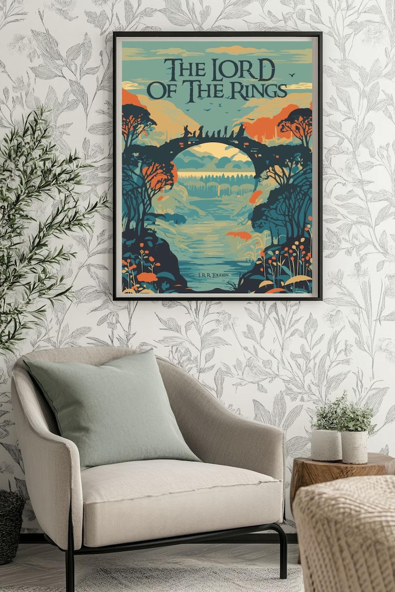 May include: A vintage-style poster featuring a colorful illustration of a bridge in a forest setting. The poster has the text "The Lord of the Rings" and "J.R.R. Tolkien" printed on it.