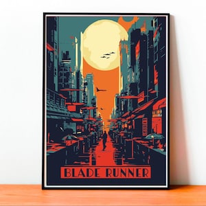 May include: A retro-style poster with a cityscape in the background. The city is lit by a large, yellow moon. The poster has the text "Blade Runner" at the bottom.