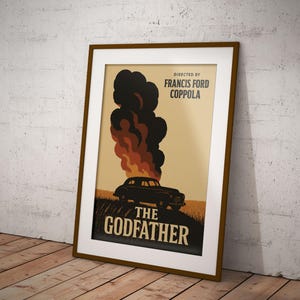 May include: A vintage-style poster for the movie "The Godfather" directed by Francis Ford Coppola. The poster features a black car engulfed in flames with a dark smoke cloud above it.