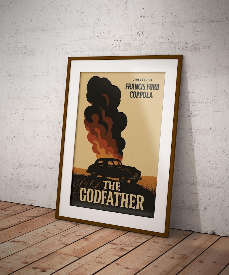 May include: A vintage-style poster for the movie "The Godfather" directed by Francis Ford Coppola. The poster features a black car engulfed in flames with a dark smoke cloud above it.