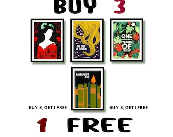 Buy 3 Get 1 Free, Prints Bundle, Book Cover Posters, Wall Art Set, Classic Literature, Vintage Decor, Bookish Gift, Posters Bundle,