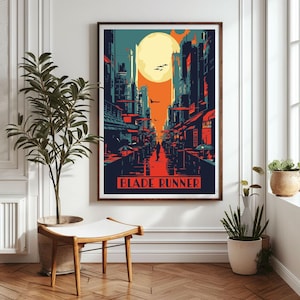 May include: A retro-style poster with a cityscape in shades of blue, red, and yellow. The poster features a large moon and the text "Blade Runner".