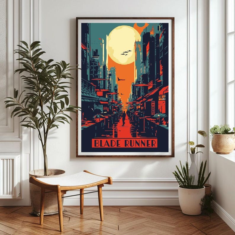 May include: A retro-style poster with a cityscape in shades of blue, red, and yellow. The poster features a large moon and the text "Blade Runner".