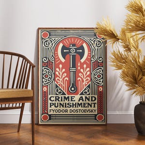 Op de afbeelding: Een rode, witte en zwarte poster met een illustratie van een bijl en de tekst "Misdaad en straf" van Fjodor Dostojevski.