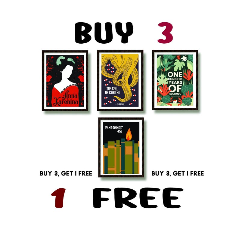 May include: Buy 3, get 1 free offer for book covers featuring illustrations of Anna Karenina, The Call of Cthulhu, One Hundred Years of Solitude, and Fahrenheit 451.