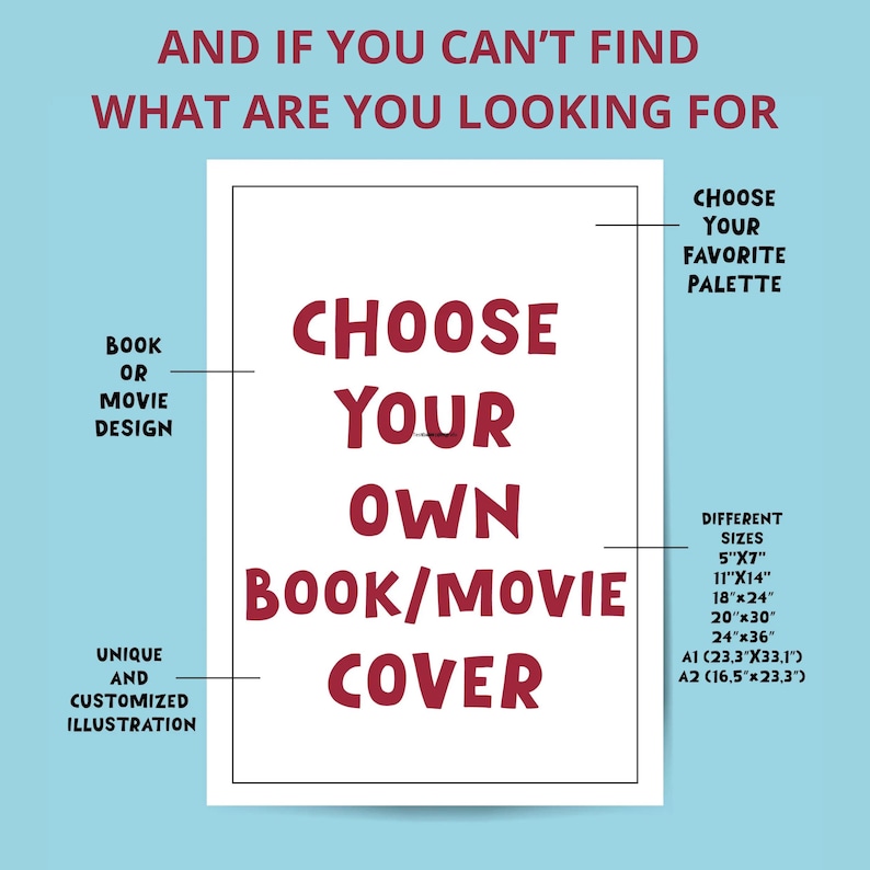 May include: A white poster with red text that says "Choose Your Own Book/Movie Cover". The poster also includes information about choosing a color palette and different sizes for the book cover.