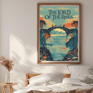 May include: A vintage-style poster for "The Lord of the Rings" by J.R.R. Tolkien. The poster features a colorful illustration of a bridge with figures walking across it, surrounded by trees and a river. The text "The Lord of the Rings" is in a bold, stylized font.