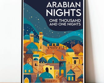 May include: A colorful illustration of a city at night with the text "Arabian Nights One Thousand and One Nights". The city is filled with buildings, minarets, and domes, all in shades of blue, yellow, orange, and green. The sky is dark blue with white stars.