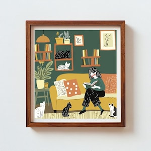 Amante dei libri, illustrazione carina per bambini, illustrazione, stampa d'arte, decorazione da parete, poster, design minimalista, gatti
