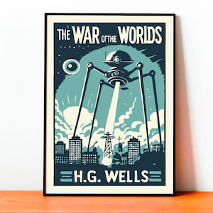 Könnte beinhalten: Ein Vintage-Poster für den Science-Fiction-Roman "Die Krieg der Welten" von H.G. Wells. Das Poster zeigt eine Schwarzweißillustration eines Mars-Tripods, der eine Stadt angreift.