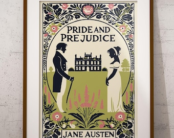 以下が含まれることがあります： Pride and Prejudiceというタイトルと著者Jane Austenが記された額入りプリント。イラストには、緑の野原に建つ大きな家の前に立つ男女のシルエットが描かれており、ピンクと濃い青の花々が装飾的な縁取りとして周囲を囲んでいます。