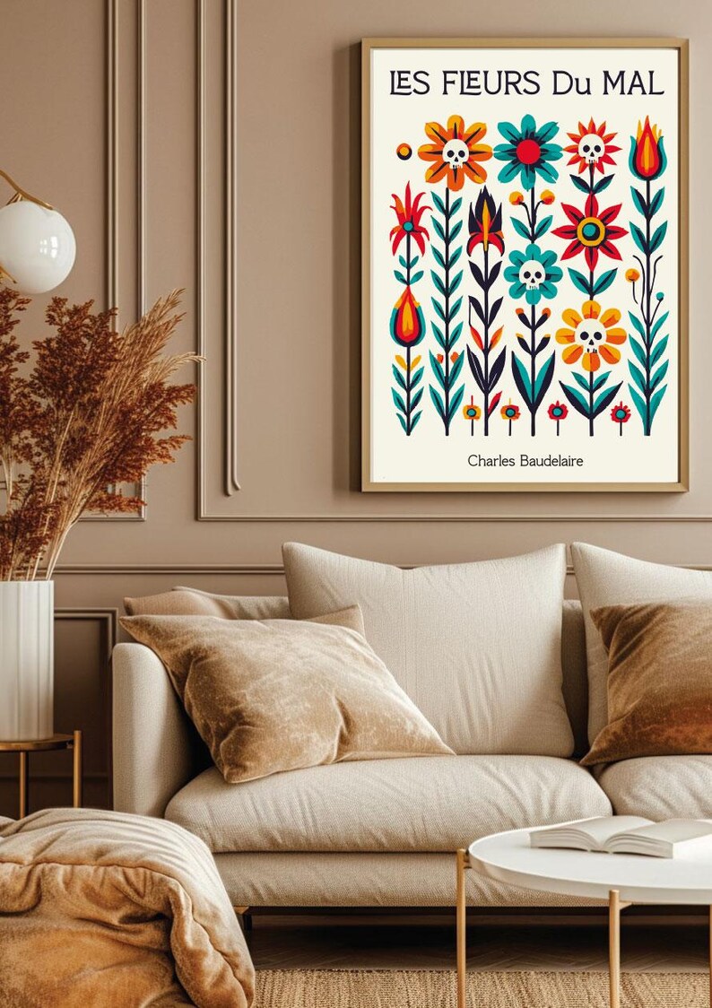 May include: A framed print of a colorful floral design with skulls in the flowers. The title of the print is "LES FLEURS DU MAL" by Charles Baudelaire.