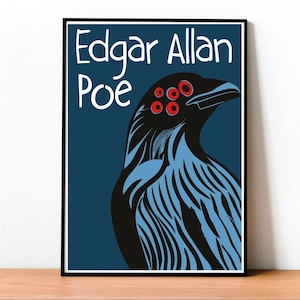 Può includere: Un'illustrazione in nero e blu di un corvo con occhi rossi. Il testo "Edgar Allan Poe" è scritto in bianco nella parte superiore dell'immagine.