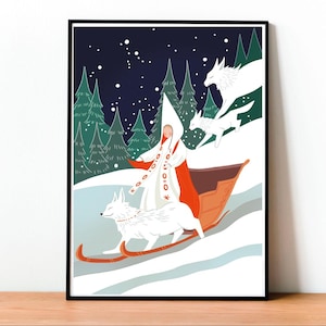 Regina delle Nevi Poster, Arte Fantastica Invernale, Illustrazione Fiaba, Paesaggio Innevato, Magico Regalo, Bellezza del Gelo