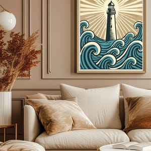 May include: A framed poster with a vintage illustration of a lighthouse in the ocean. The poster has the text "To the Lighthouse - Virginia Woolf -" at the top.