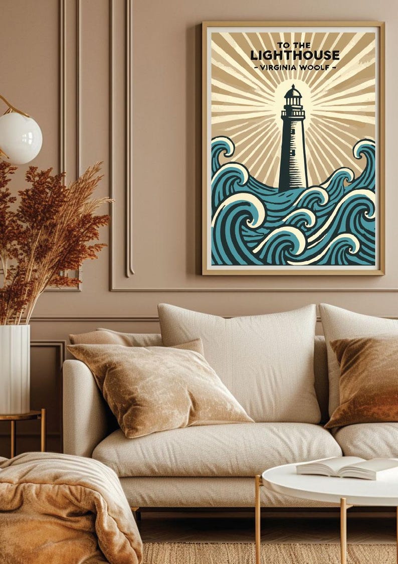 May include: A framed poster with a vintage illustration of a lighthouse in the ocean. The poster has the text "To the Lighthouse - Virginia Woolf -" at the top.