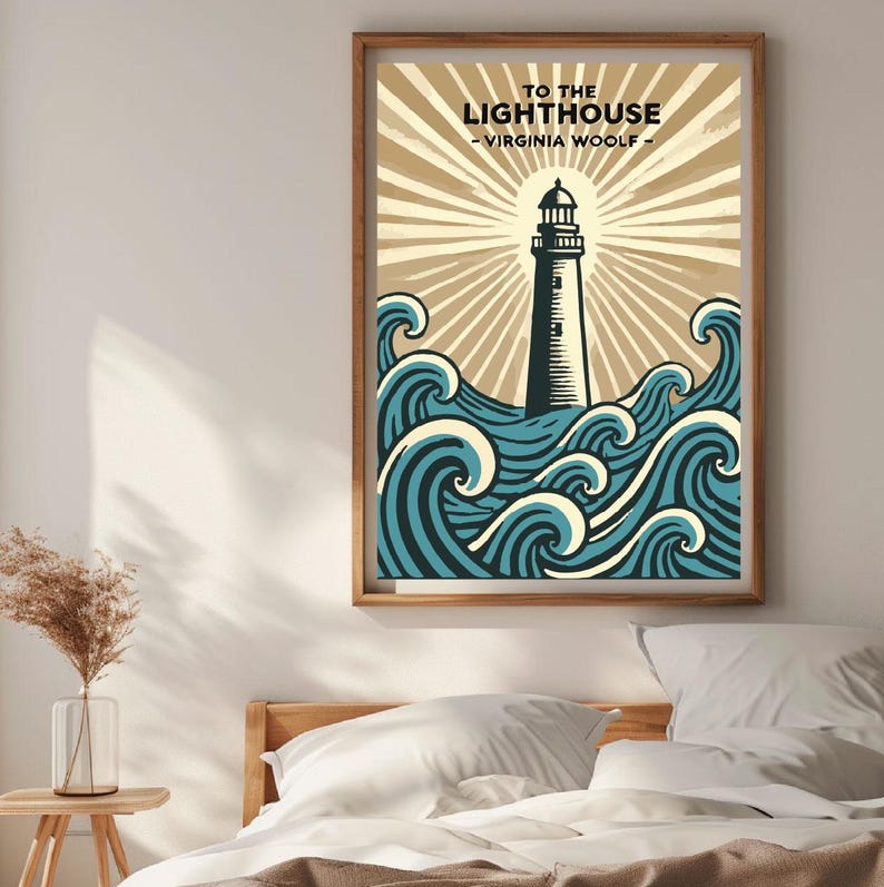 May include: A vintage-style poster with a lighthouse in the center, surrounded by blue waves. The text "TO THE LIGHTHOUSE - VIRGINIA WOOLF -" is at the top of the poster.