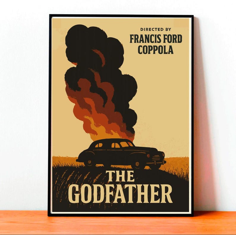 May include: A vintage-style poster for the movie "The Godfather" directed by Francis Ford Coppola. The poster features a black car with a plume of orange and black smoke rising from the back. The background is a yellow-orange color.