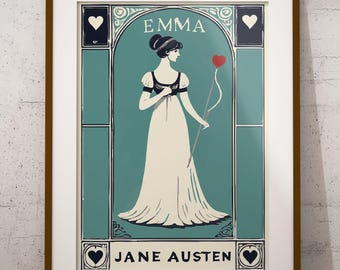 May include: A framed art print featuring a teal background with a central illustration of a person in a long cream dress holding a red heart-topped staff. The text EMMA appears at the top and JANE AUSTEN at the bottom, with four heart icons.