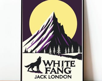 Op de afbeelding: Een zwart-witte illustratie van een wolf die huilt naar de maan, met een berg op de achtergrond. De tekst "White Fang" en "Jack London" staat onder de afbeelding.
