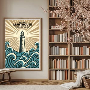 May include: A vintage-style poster with a lighthouse in the middle of a stormy sea. The poster has a yellow background with a sunburst effect and blue waves. The text on the poster reads "To the Lighthouse - Virginia Woolf - "