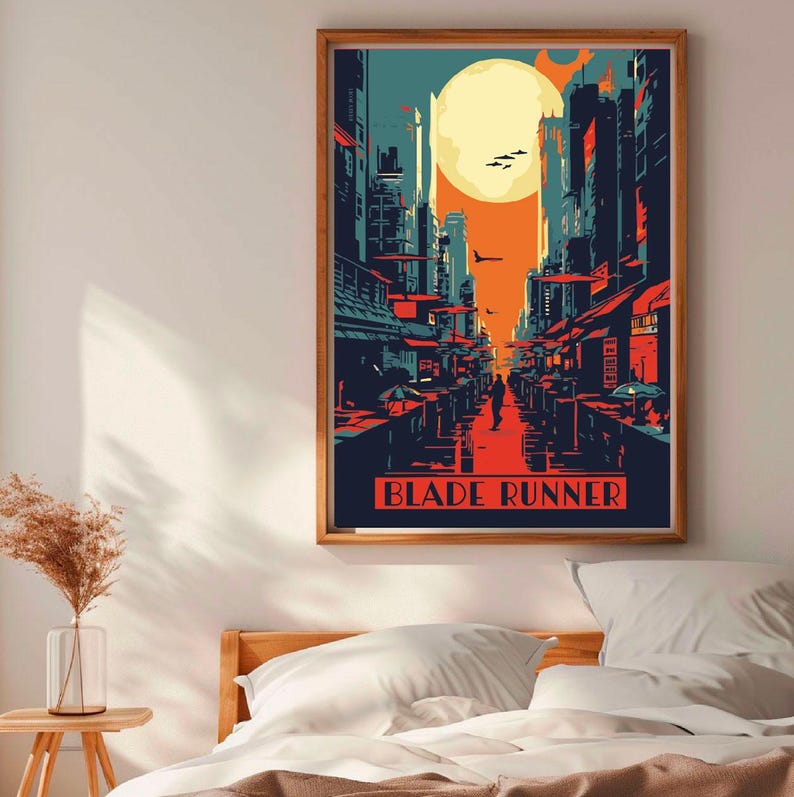 May include: A retro-style poster with a cityscape in shades of blue, red, and orange. The poster features a large, yellow moon and the text "Blade Runner".
