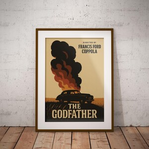 May include: A vintage-style poster for the movie "The Godfather" featuring a black car with smoke and flames coming from the engine. The text "Directed by Francis Ford Coppola" is at the top of the poster.
