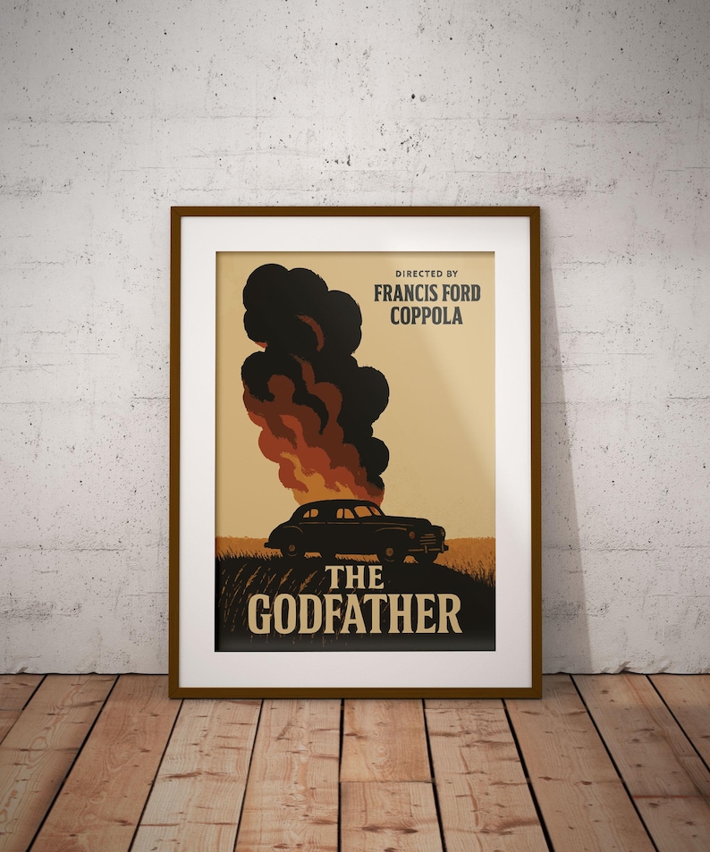 May include: A vintage-style poster for the movie "The Godfather" featuring a black car with smoke and flames coming from the engine. The text "Directed by Francis Ford Coppola" is at the top of the poster.