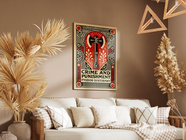 Op de afbeelding: Een poster met een rood, zwart en gouden ontwerp met een bijl en de tekst "Misdaad en straf" van Fjodor Dostojevski.