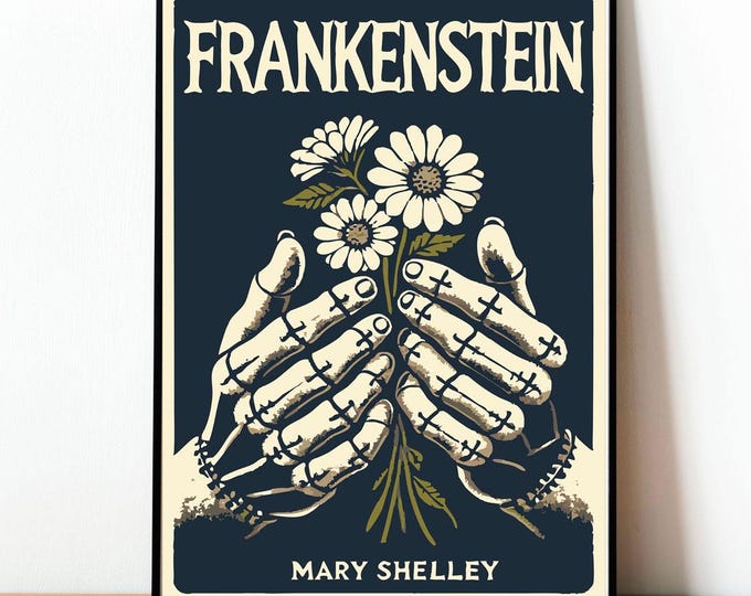 Frankenstein Poster, Mary Shelley, Gothic Horror Print, Classic Book Cover Illustration, British Literature