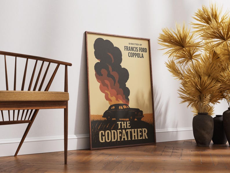 May include: A vintage-style poster for the movie "The Godfather" directed by Francis Ford Coppola. The poster features a black car driving through a field with a large plume of smoke behind it.