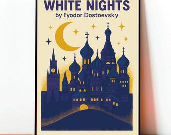 Weiße Nächte Poster, Dostojewski Kunst, Russischer Klassiker Illustration, Literarisches Wandbild, Handgemachte Vintage Deko