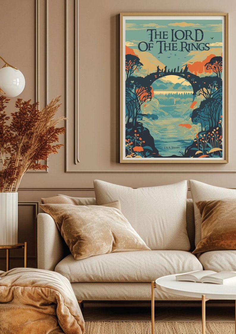 May include: A vintage-style poster with a blue, green, and orange color scheme depicting a scene from "The Lord of the Rings" with the text "The Lord of the Rings" and "J.R.R. Tolkien" printed on the poster.