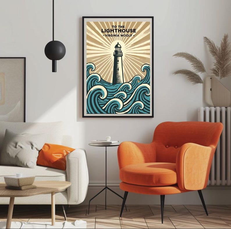 May include: A framed poster with a vintage illustration of a lighthouse in the ocean. The poster has the text "To the Lighthouse - Virginia Woolf" at the top.