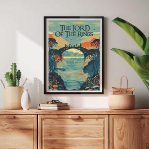 May include: A vintage-style poster with a blue, green, and orange color scheme depicting a group of figures walking across a bridge in a forest. The text "The Lord of the Rings" is printed in a bold, black font at the top of the poster.