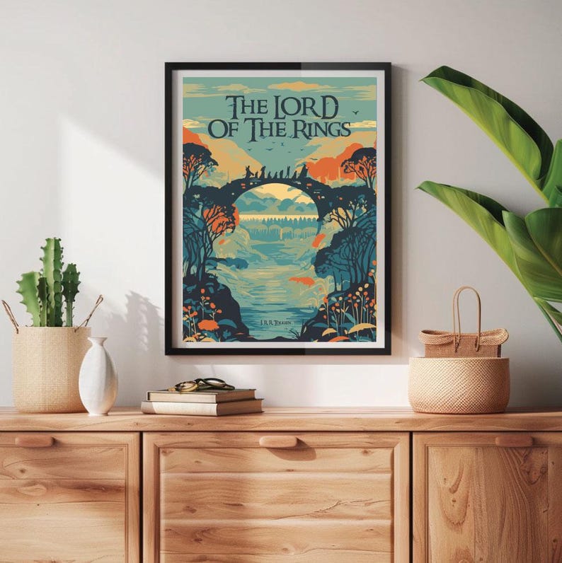 May include: A vintage-style poster with a blue, green, and orange color scheme depicting a group of figures walking across a bridge in a forest. The text "The Lord of the Rings" is printed in a bold, black font at the top of the poster.