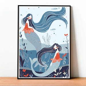 Poster di sirene, illustrazione carina, decorazione per la casa, stanza dei bambini, colorato, oceano, arte fantasy, leggenda e mito