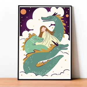 Medea, Drago, Mitologia greca, Illustrazione carina, Dea greca, Stampa d'arte, Arte da parete, Poster, Bambini, Mito tradizionale