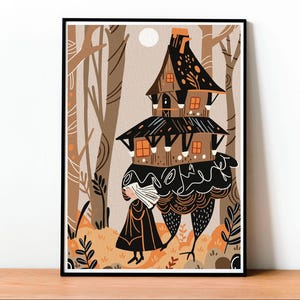 Baba Jaga, Vecchia Strega, Capanna, illustrazione di fiabe popolari, Stampa d'Arte, Arte da Parete, Poster, Bambini, Mito Tradizionale