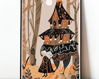Baba Yaga Poster, Slavic Folklore Art, Witch Illustration,  Whimsical witchcraft Decor, Folk Art Print