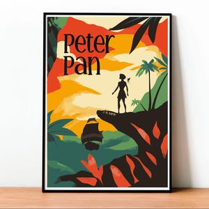 Peter Pan, Copertina del libro, Poster, Illustrazione per bambini, Design moderno, Neverland, Design minimalista, Arte da parete, Avventura
