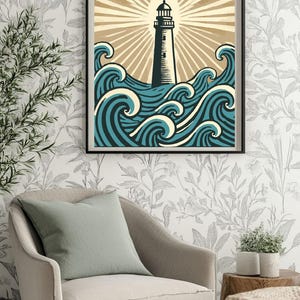 May include: A vintage-style poster with a lighthouse in the middle of the ocean. The poster has the text "To the Lighthouse - Virginia Woolf" at the top. The poster is framed in black.