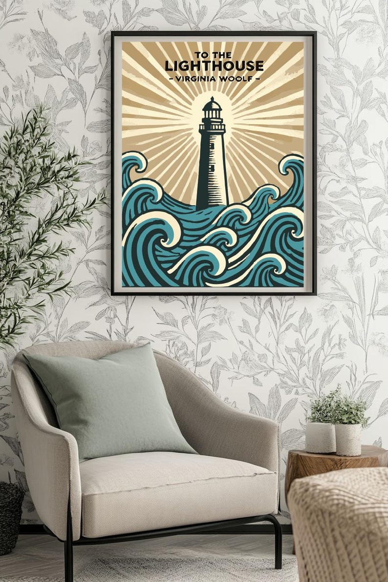 May include: A vintage-style poster with a lighthouse in the middle of the ocean. The poster has the text "To the Lighthouse - Virginia Woolf" at the top. The poster is framed in black.