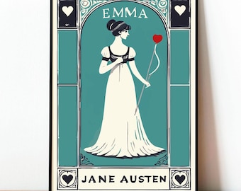 Puede incluir: Un póster azul turquesa con marco negro que presenta una ilustración en blanco y negro de una mujer con un vestido blanco sosteniendo un corazón rojo en un palo. El póster tiene el texto "EMMA" y "JANE AUSTEN" en negro.