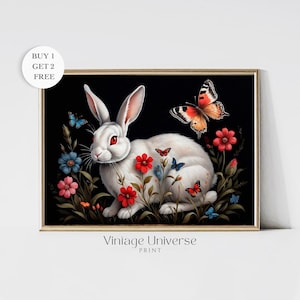Rabbit Painting | Dark Botanic Cottagecore Printable, Dark Academia Print, Moody Print, Flower Animal, Witch Decor, Floral Vintage Painting