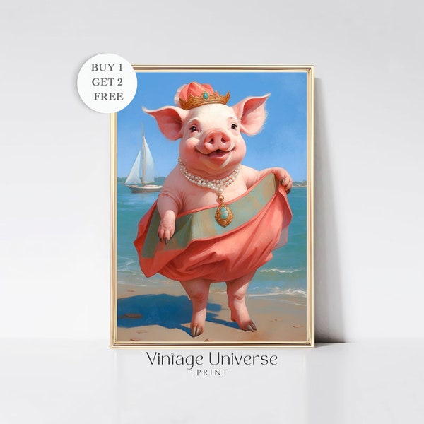 Pig on the Beach Print | Lady Pig Animal Painting | Animal Painting | Pig Print Wall Art | Pig Lover Print | Summer Art Print Printable