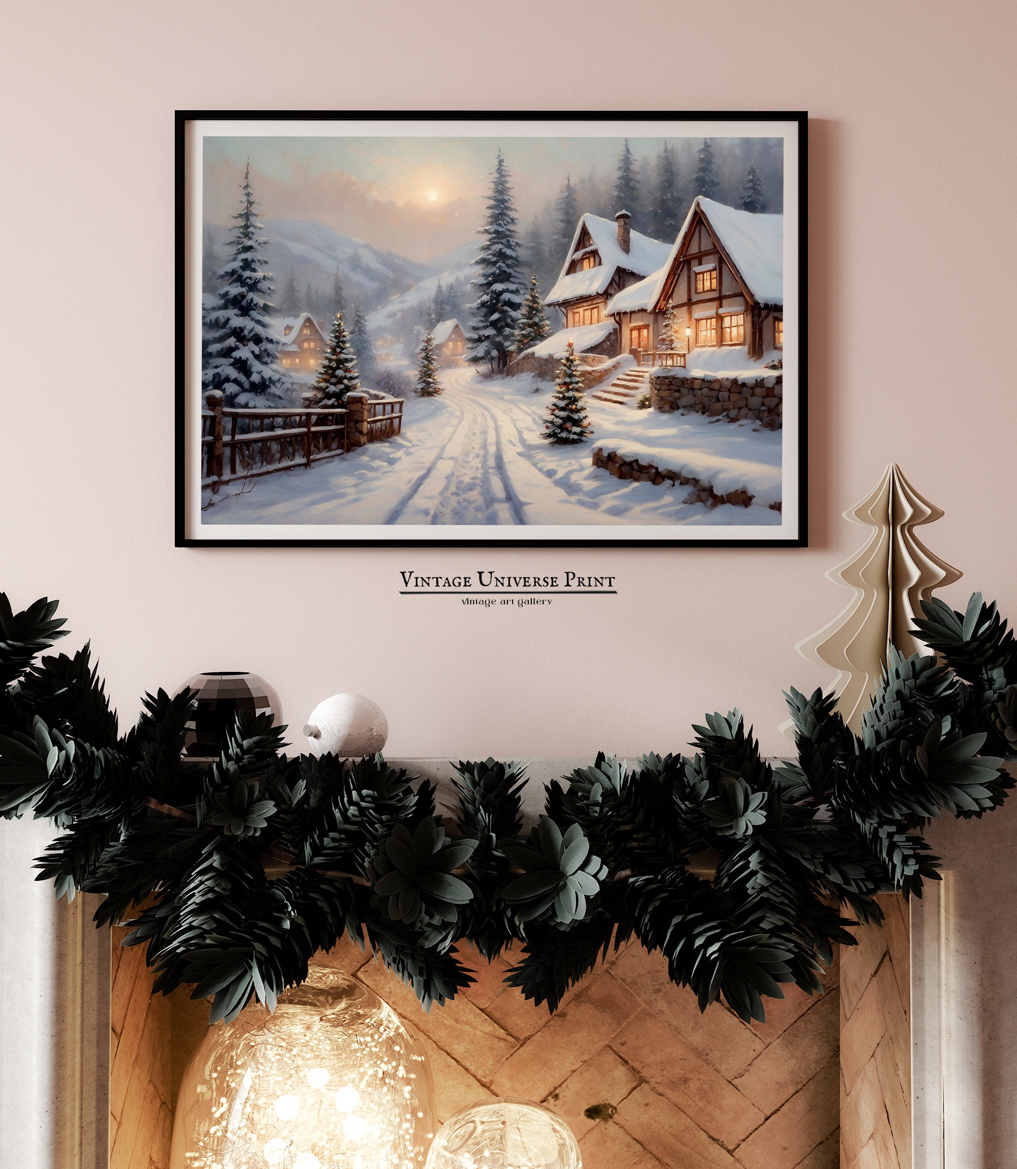 Christmas Village Print Winter PRINTABLE Wall Art Snowy Town Holiday ...