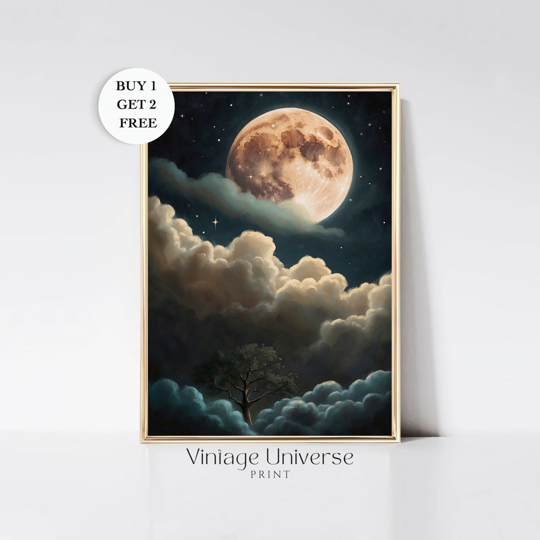 Moon and Clouds Antique Celestial Wall Art, Moody Night Sky Painting ...