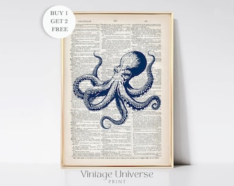 Oktopus Poster | Oktopus Wandbild | Wörterbuch Kunstdruck | Vintage Buchseitendruck | Poster Meerestiere | Badezimmer Dekor | Druckbare Digital